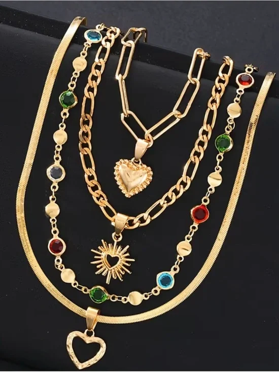 🔥 Gold-Tone 4 pc Layered Heart & Sun Multicolor Pendant Necklace - Picture 3 of 6